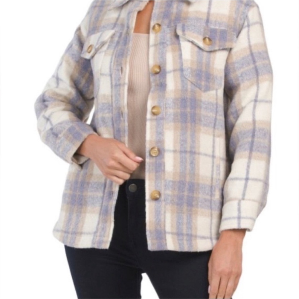 Avec Les Filles Blue purple and Cream Plaid Shacket button up pockets outdoor